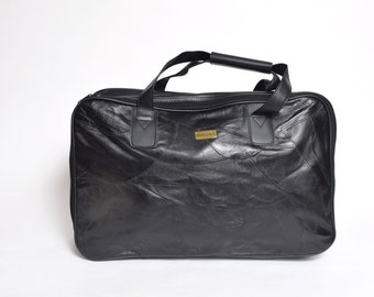 Vintage 90's Black Real Leather / Faux Leather Patchwork Suitcase Handbag