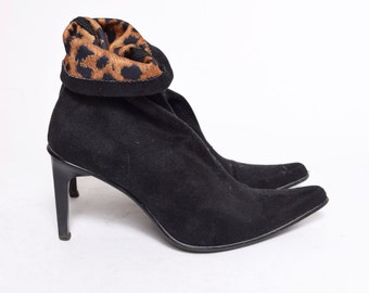 Vintage 90's Black Sock Boots with Leopard Lining High Heels