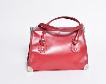 Vintage Red Leather 80&#39;s Mini Handbag with Metal Clasps