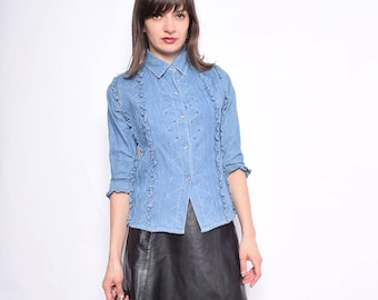 Vintage 90's Ruffled Blue Denim Shirt / Snap Button Jean Shirt - Size Smal
