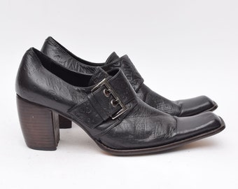 Vintage 90's  Chunky Heel Black Leather Square Toe Shoes with Large Buckles and Embossed Lettering