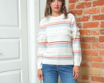 Vintage 90's White Multi Color Sweater With Tassels  - Size Medium