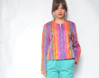 Rainbow Button Jacket / Vintage 90s Colorful Fitted Blazer - Size Medium