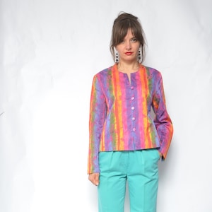 Rainbow Button Jacket / Vintage 90s Colorful Fitted Blazer - Size Medium