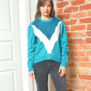 Vintage 80s Angora Abstract Geometric Pattern Metallic Sweater