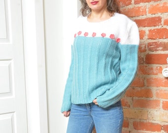 Vintage 90s Ribbed Color Block Sweater With Floral Derails - Size M/L