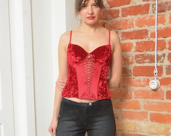 Top estilo corsé vintage de terciopelo rojo oscuro de los años 90, talla 75 B