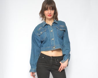 Recadrée veste en Jean / années 90 brodé Floral veste en Jean / Short veste en Jean bouton - taille moyenne