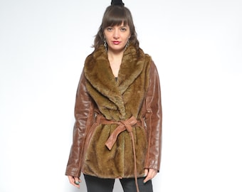Faux Fur Coat / Vintage 90&#39;s Real Genuine Leather Belted Winter Jacket - Size Large