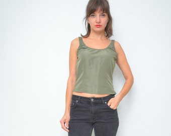 Olive Green Cropped Top / Vintage 90s Sleeveless Shiny Army Green Sleeveless Cropped Blouse - Size Medium
