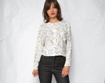 Floral Button Blouse / Vintage 90s Long Sleeve White Flower Print Cropped Top / Summer Shirt - Size Small