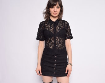 Vintage 90's Black Sheer Top / Black Lace Button Blouse / See Through Shirt - Size Small