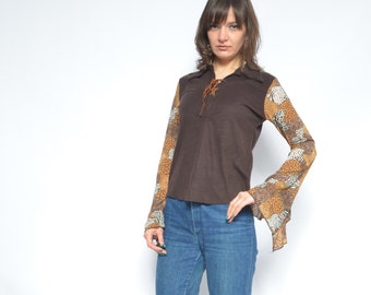 Mesh Long Sleeve Top / Vintage 90s Abstract Painting Print Sheer