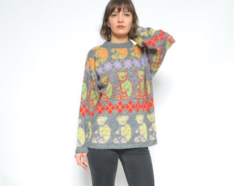 Teddy Bear Sweater / Vintage 90s Colorful Funny Pullover  / Ugly Sweater - Size