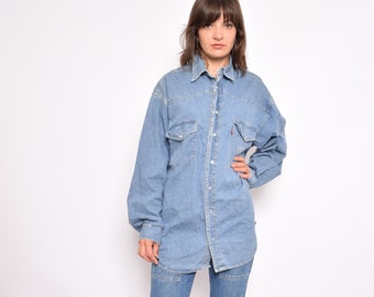 JOOP! Button Denim Shirt / Vintage 90s Jean Long Sleeve Snap Button Shirt - Size Medium
