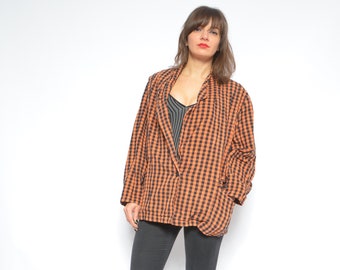 Oversized Jacket / Vintage 80s Checkered Button Orange And Black Blazer - Size Small