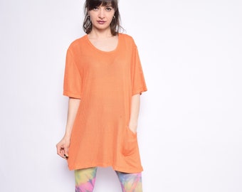 Vintage 90's Orange Sheer Oversized Shirt / Orange See Through Pocket Top- Size Extra Large