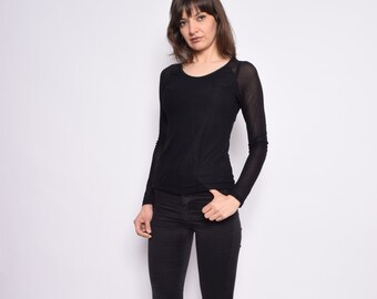 Vintage 90's Black Sheer Mesh Top / Long Sleeve See Through Blouse / Mesh Sleeve Top - Size Large