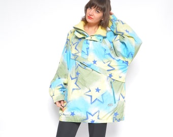 Vintage 80s Star Print Ski Jacket - Neon Active Jumper Large