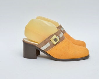 Vintage 1990s Orange and Brown Canvas and Leather Chunky Heel Clogs