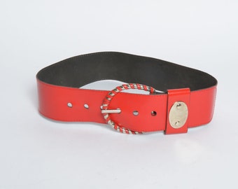 Vintage 80's Red Leather Wide Belt with Silver Ornaments