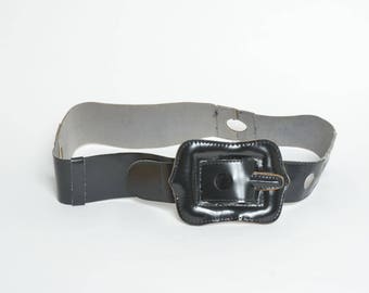 Vintage 80's Black Faux Leather Big Buckle Wide Belt