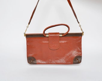 Vintage bruin echt leer handtas / schouder tas