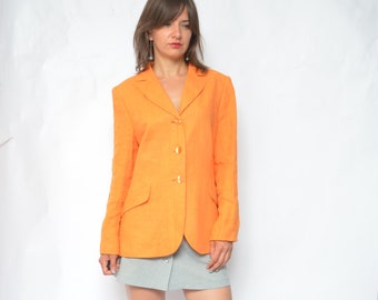 Linen Button Jacket / Vintage 90s Orange Long Button Summer Blazer - Size Extra Large