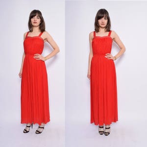 Vintage 80&#39;s Red Pleated Maxi Dress / Rhinestone Red Long Evening Dress - Size Extra Small 07 20