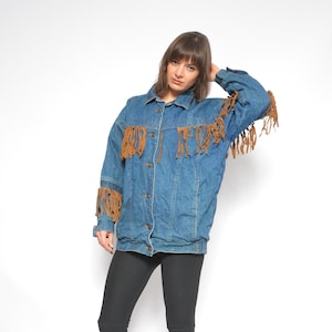 Fringe Denim Jacket / Vintage 80s Warm Jean Button Southwestern Winter Jacket - Size Medium 07 20