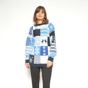 Winter Wool Sweater / Vintage 90s Patchwork Multi Color Folk Grandma Pullover - Size Medium