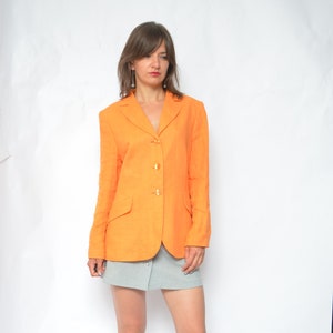 Linen Button Jacket / Vintage 90s Orange Long Button Summer Blazer Size Extra Large image 1