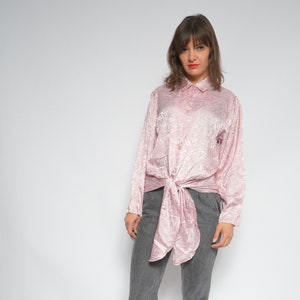 Vintage 80s Satin Blouse: Pink Leopard Tie-Waist Shirt, Size Small