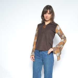 Sheer Mesh Bell Sleeve Top /Animal Print Faux Suede Lace Up Blouse / See Through Sleeve Vintage 90s - Size Medium