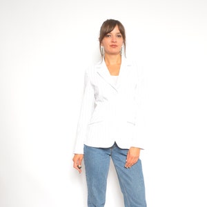 Pinstriped White Button Jacket / Vintage 90s Striped Cropped Blazer - Size Small