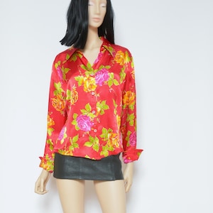Satin Floral Button Blouse / Vintage 90s Flower Pattern Oversized Silky Long Sleeve Shirt Top - Size Large