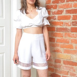 Vintage 80s High Waisted White Shorts with Sheer Panel | Medium Size Summer Shorts