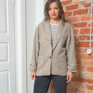 Vintage 80s Tweed Wool Button Blazer - Size Small (Beige Brown, with Pockets)