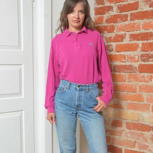 Vintage Lacoste Long Sleeve Polo Shirt - Made in France - Hot Pink Cotton - Size Medium