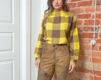 Vintage 80s Checkered Button Blouse - Size Small/Medium