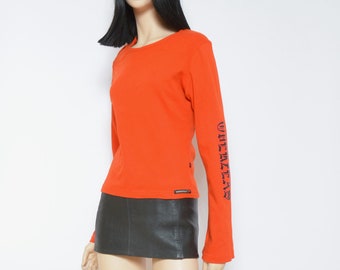 Burnt Orange Shirt  Vintage 80s  Deep Neck Long Sleeve Front Pocket Oversized Blouse  Summer Top Size Medium
