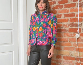 80s Floral Jacquard Blouse, Vintage Sheer Striped Floral Top (XS-M