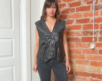Vintage 1980s Real Leather Button Vest _ Size Medium