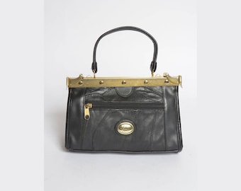 Vintage Black Leather Patchwork Handbag Purse