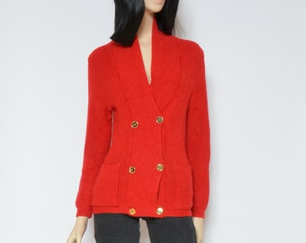 Wool Button Cardigan / Vintage 80s Ribbed Red Angora Sweater - Size Extra Small