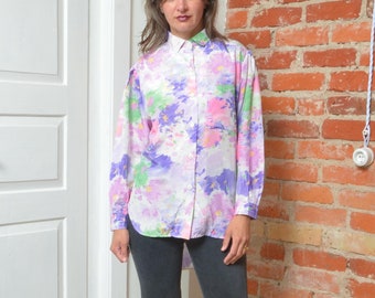 Blusa vintage con botones y estampado floral abstracto de los años 80 (talla mediana)