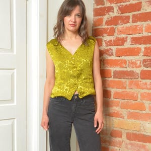 Vintage Satin Vest Green Brocade Button-Up Top – Size M (EU 38/40)