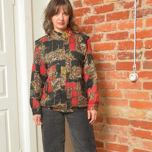 Vintage 90s Silk Leopard Baroque Print Jacket - Bomber Style - Size Medium