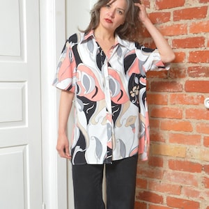Vintage 90s Pastel Abstract Print Shirt – Colorful Oversized Short Sleeve Blouse – Size XXL