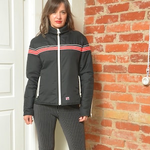 Vintage 70s Ski Jacket – Color Blocking Black with Red And White Details – Size Large